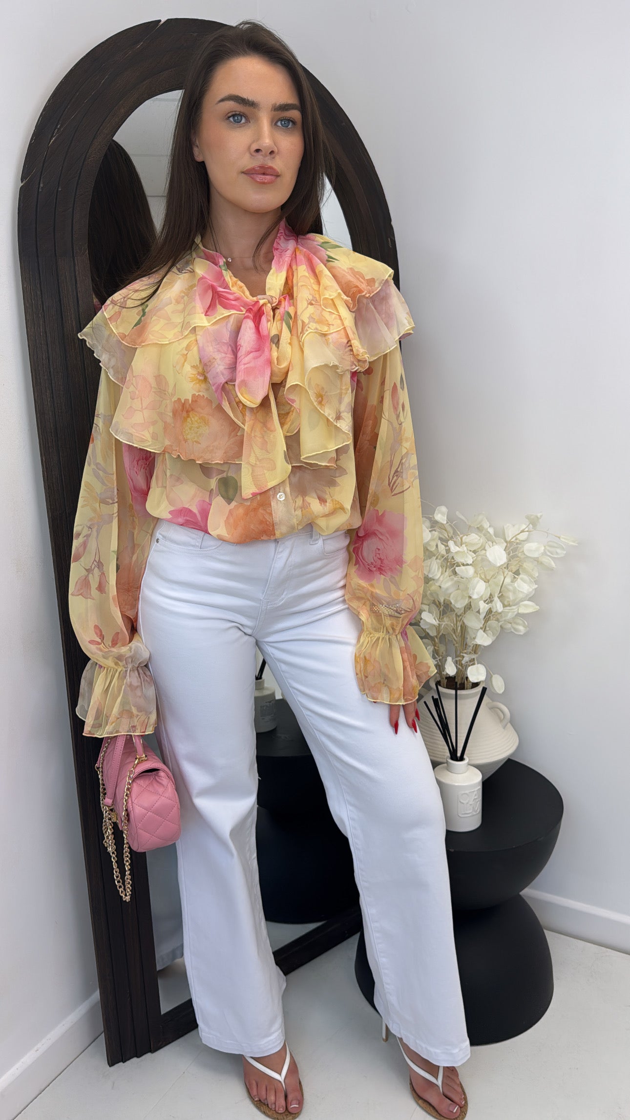 SERINA vibrant yellow and pink sheer floral print blouse