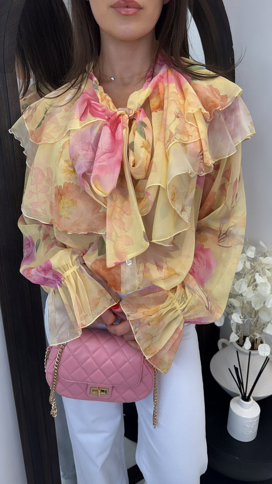 SERINA vibrant yellow and pink sheer floral print blouse