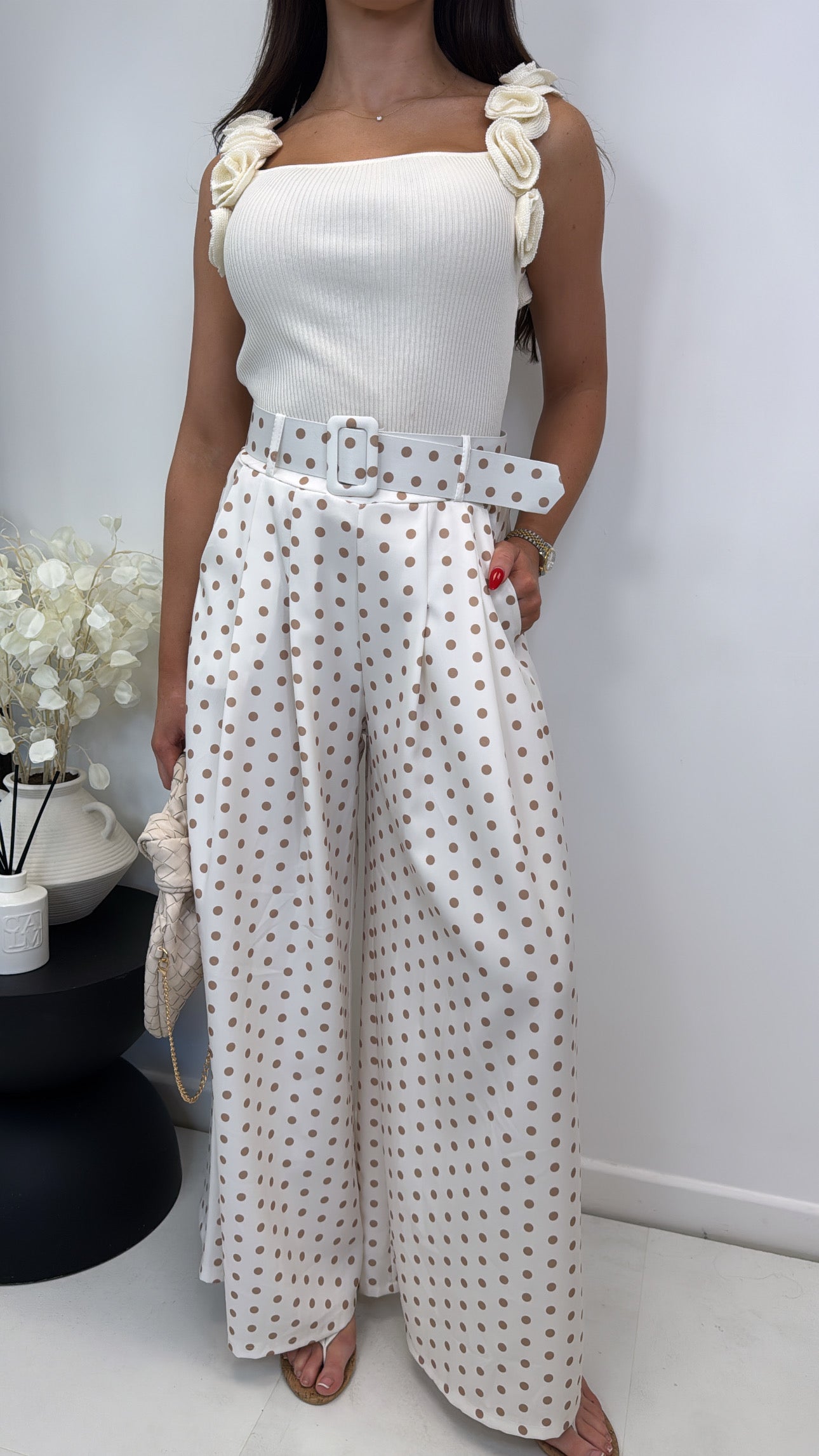 DEMI cream and beige polka dot wide leg trousers