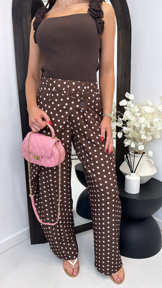 MALLORIE brown and pink polka dot trousers