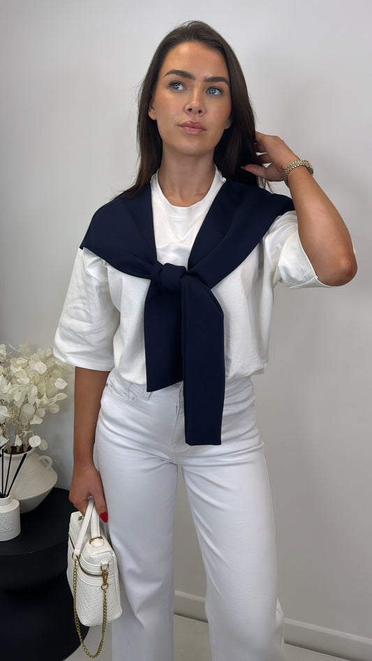 OPAL navy and white t-shirt with tie detail
