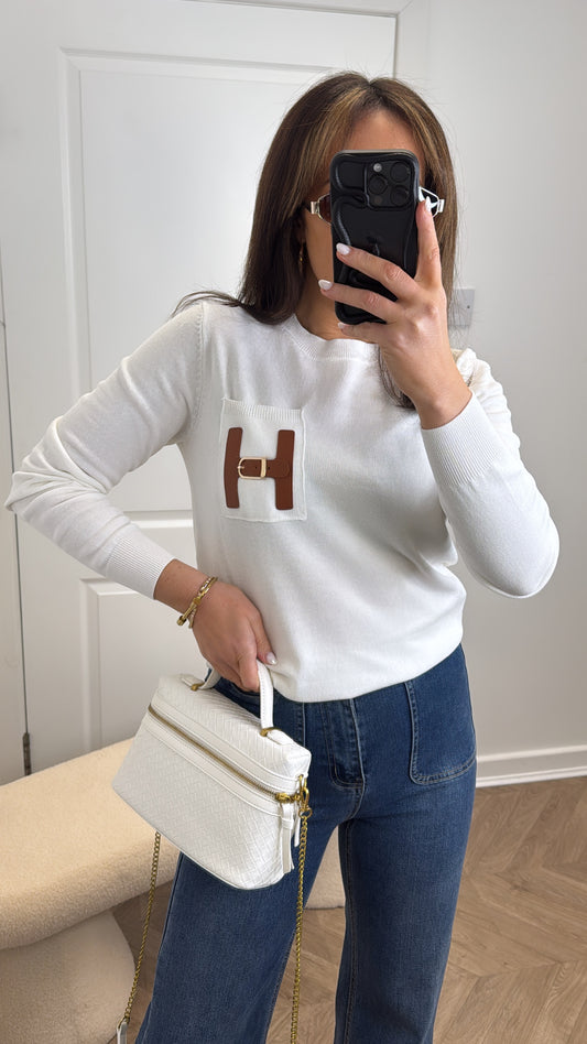 THERESA white fine knit fitted jumper with buckle