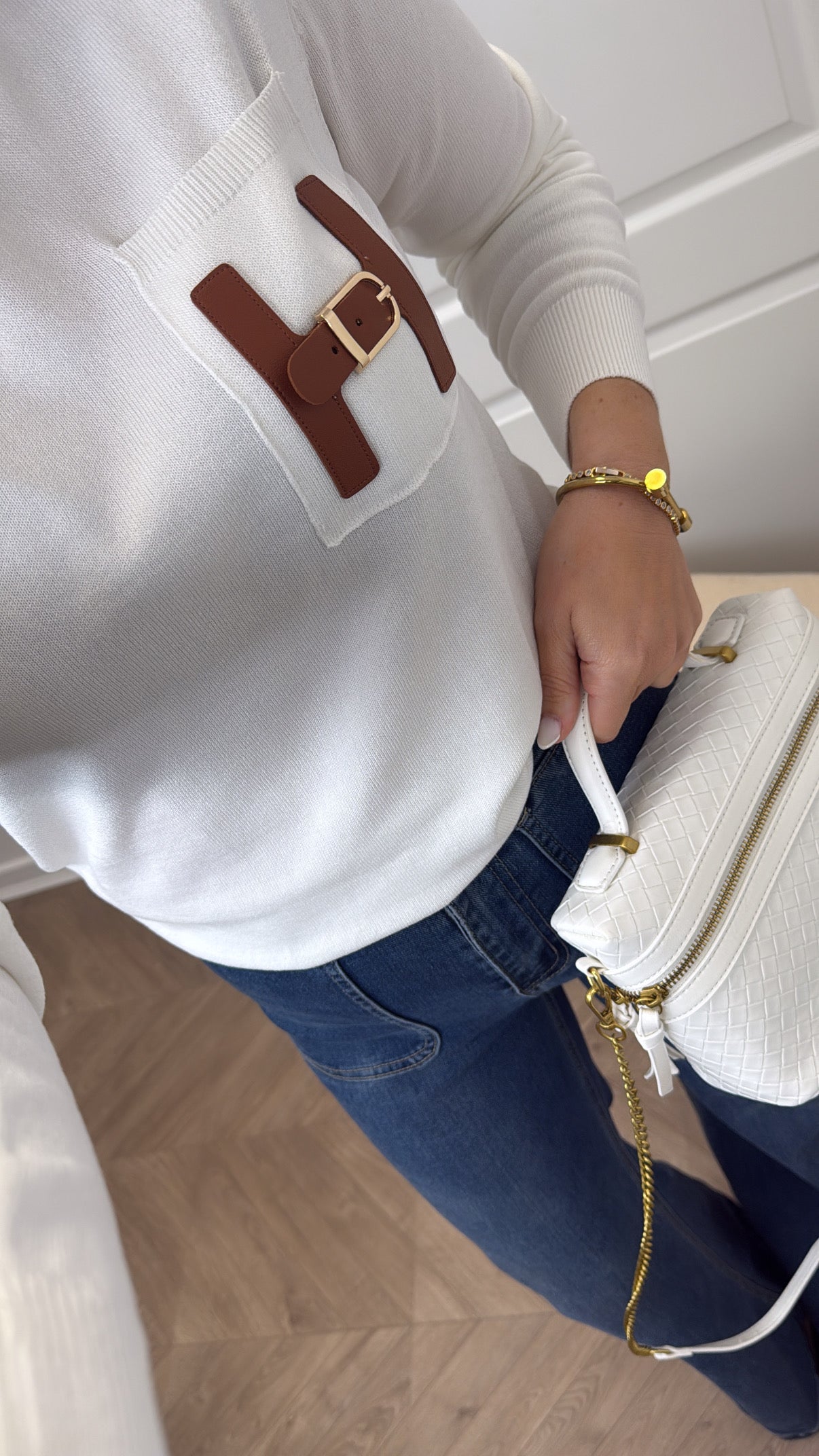 THERESA white fine knit fitted jumper with buckle