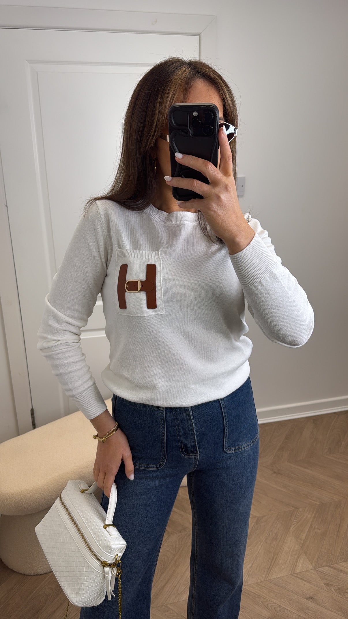THERESA white fine knit fitted jumper with buckle