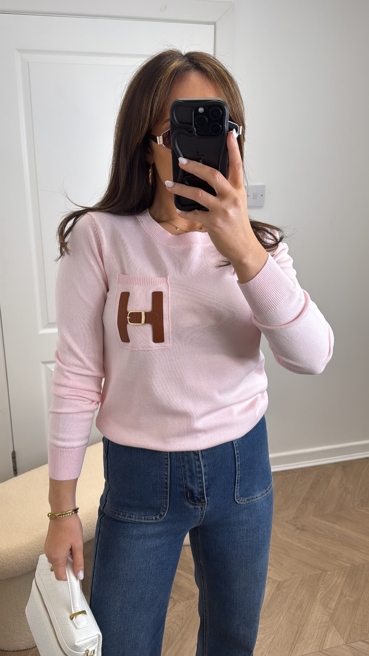 THERESA pink fine knit fitted jumper with buckle