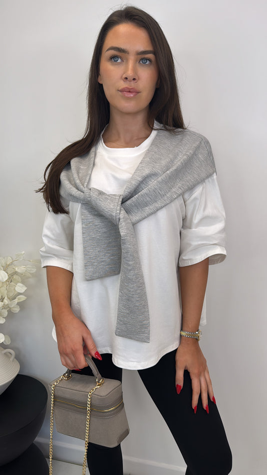 OPAL grey and white t-shirt with tie detail