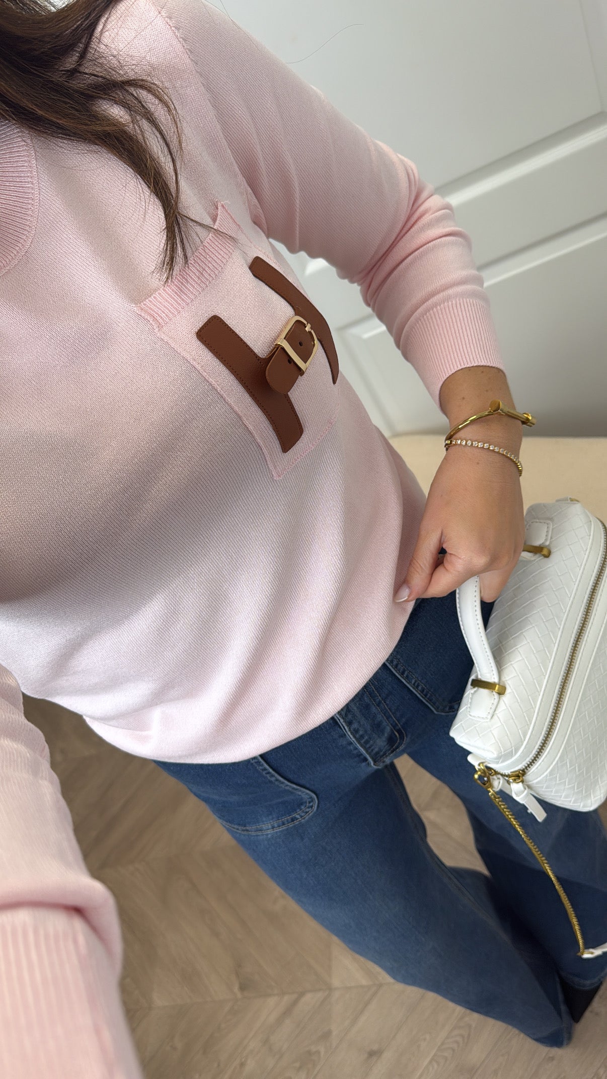THERESA pink fine knit fitted jumper with buckle