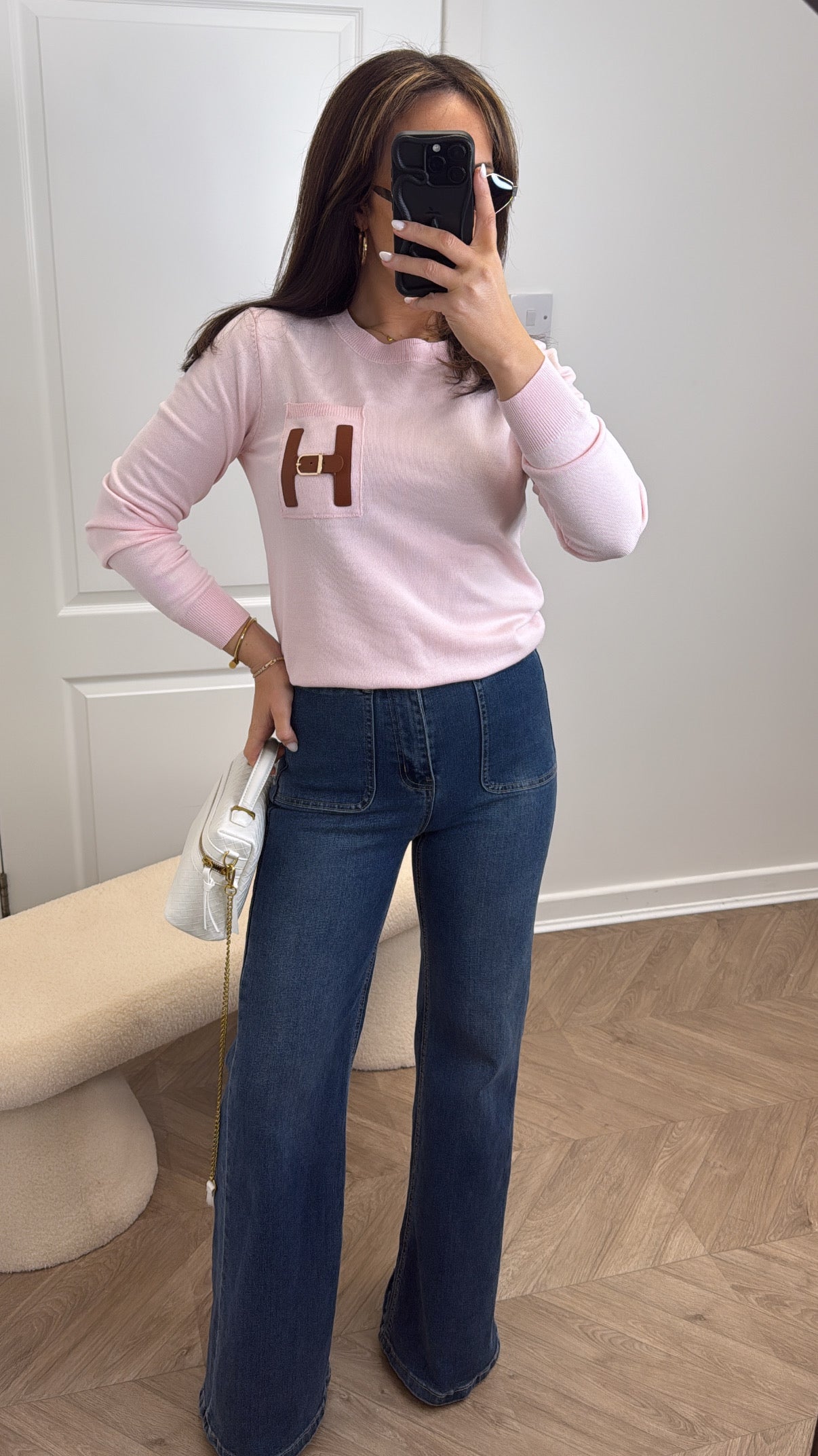 THERESA pink fine knit fitted jumper with buckle