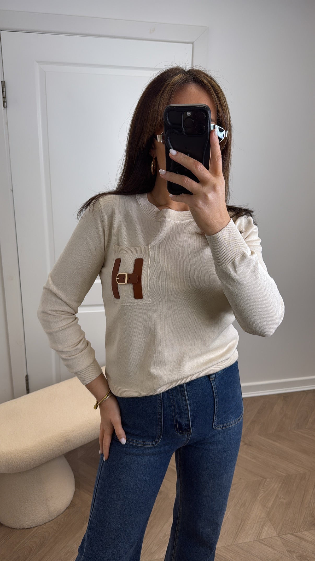 THERESA beige fine knit jumper with buckle