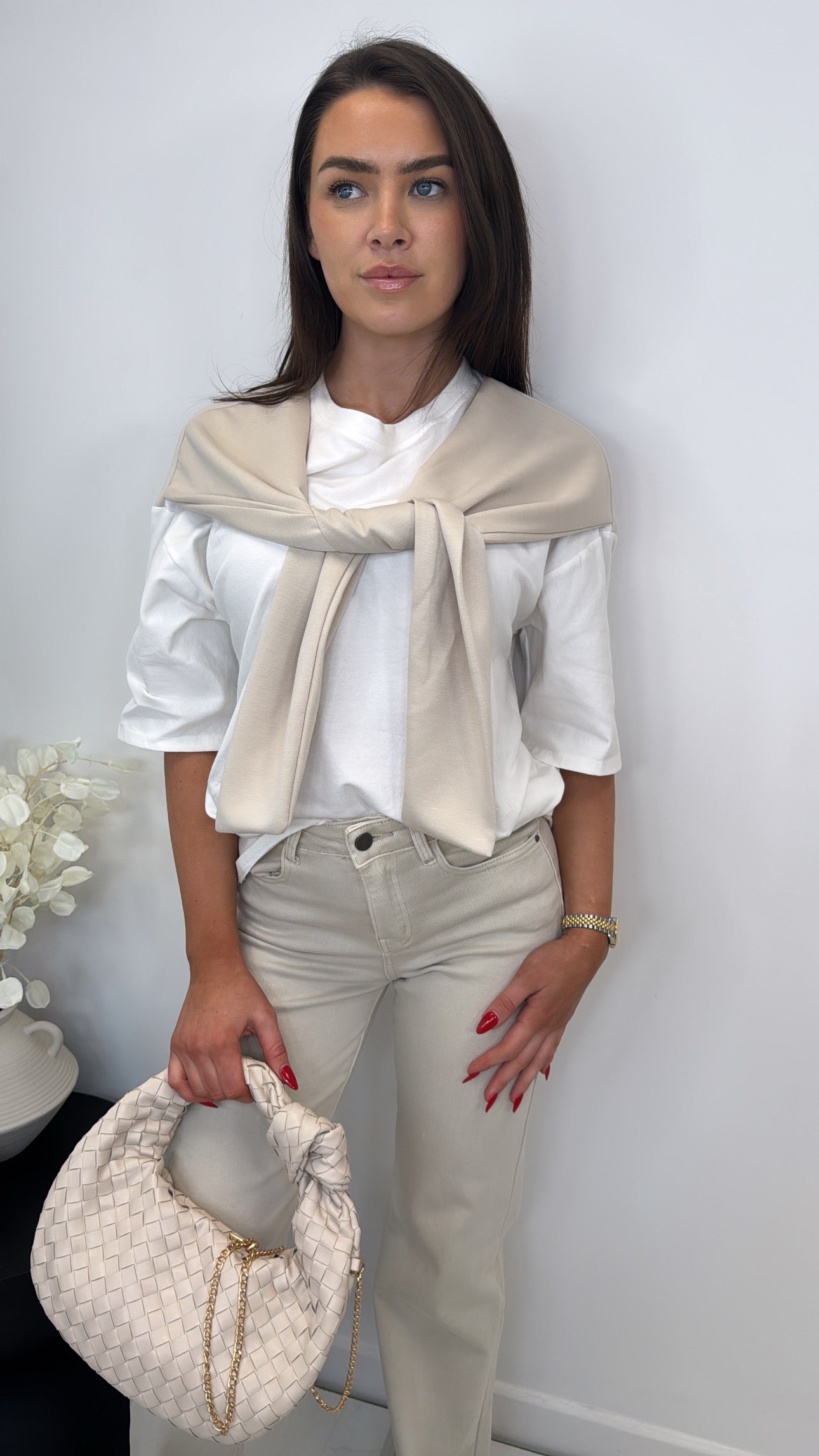 OPAL beige and white t-shirt with tie detail