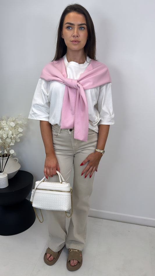 OPAL pink and white t-shirt with tie detail