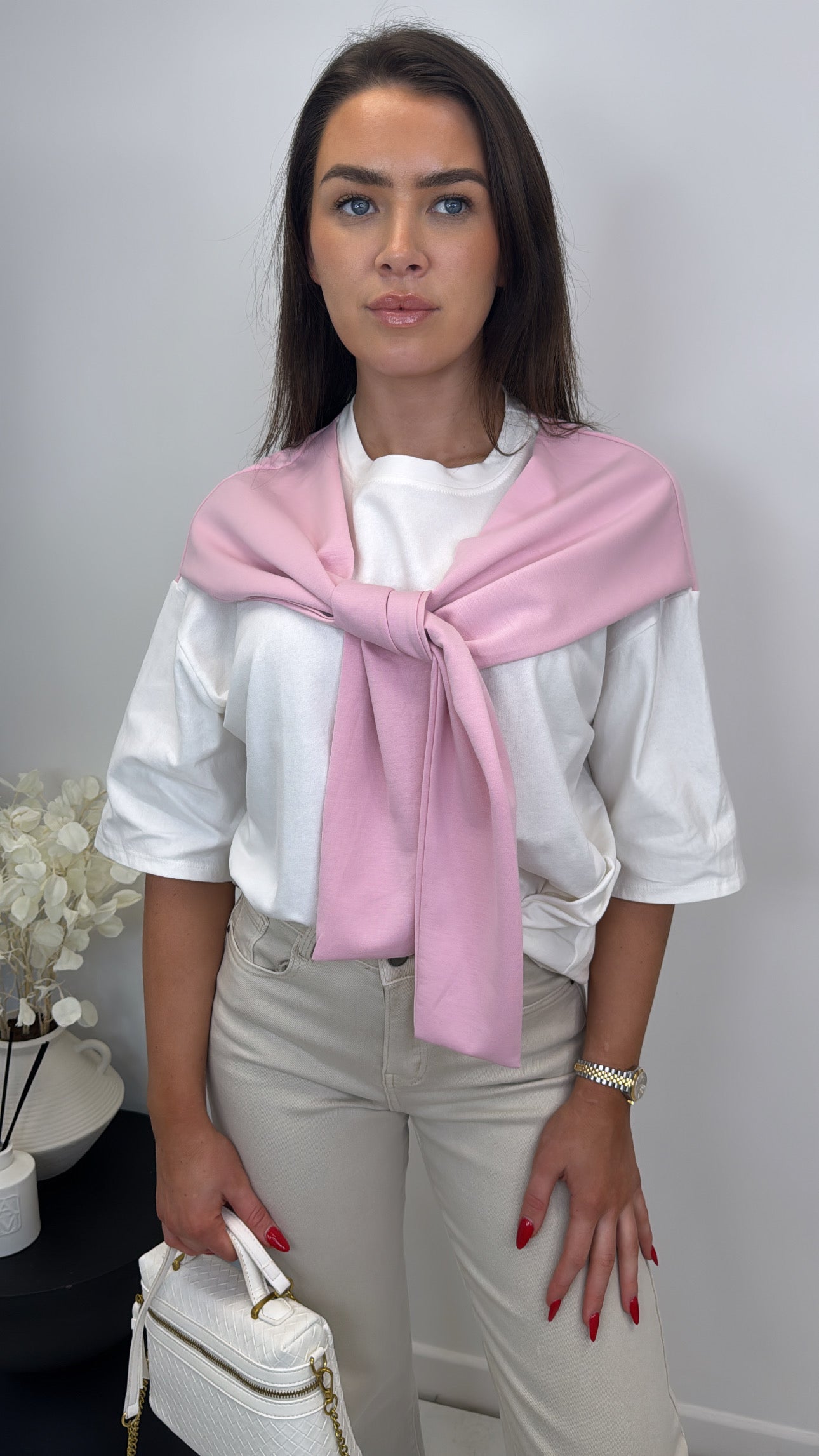 OPAL pink and white t-shirt with tie detail