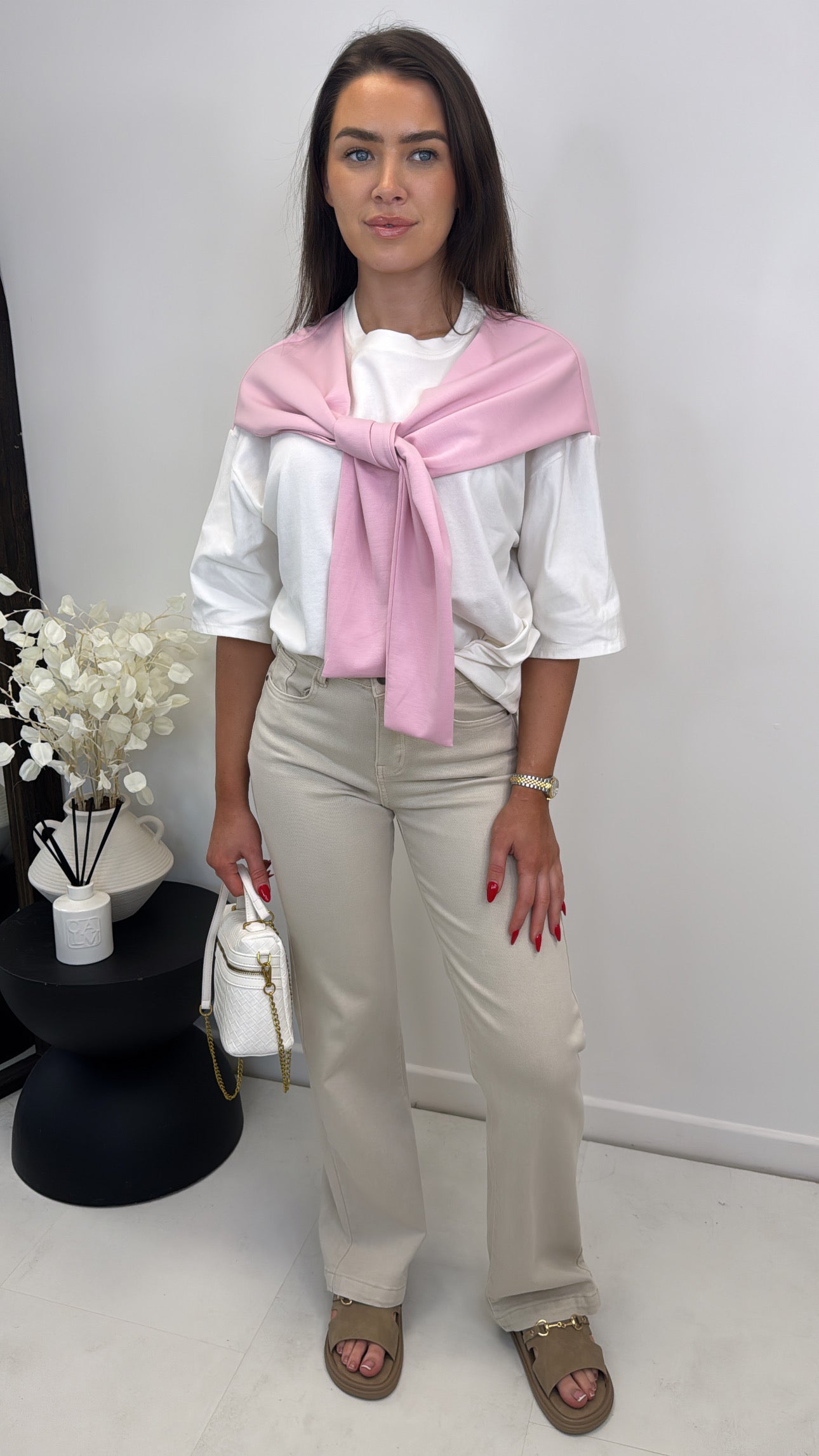 OPAL pink and white t-shirt with tie detail