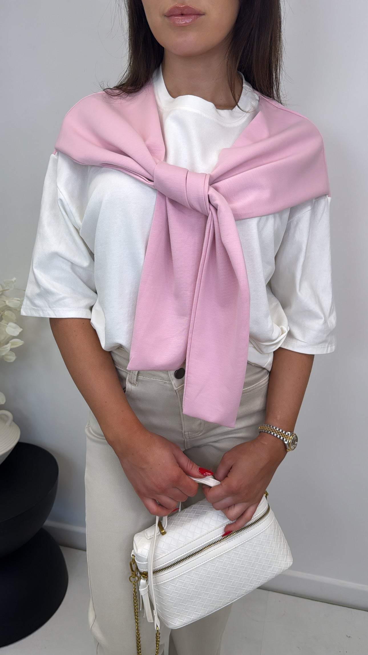OPAL pink and white t-shirt with tie detail