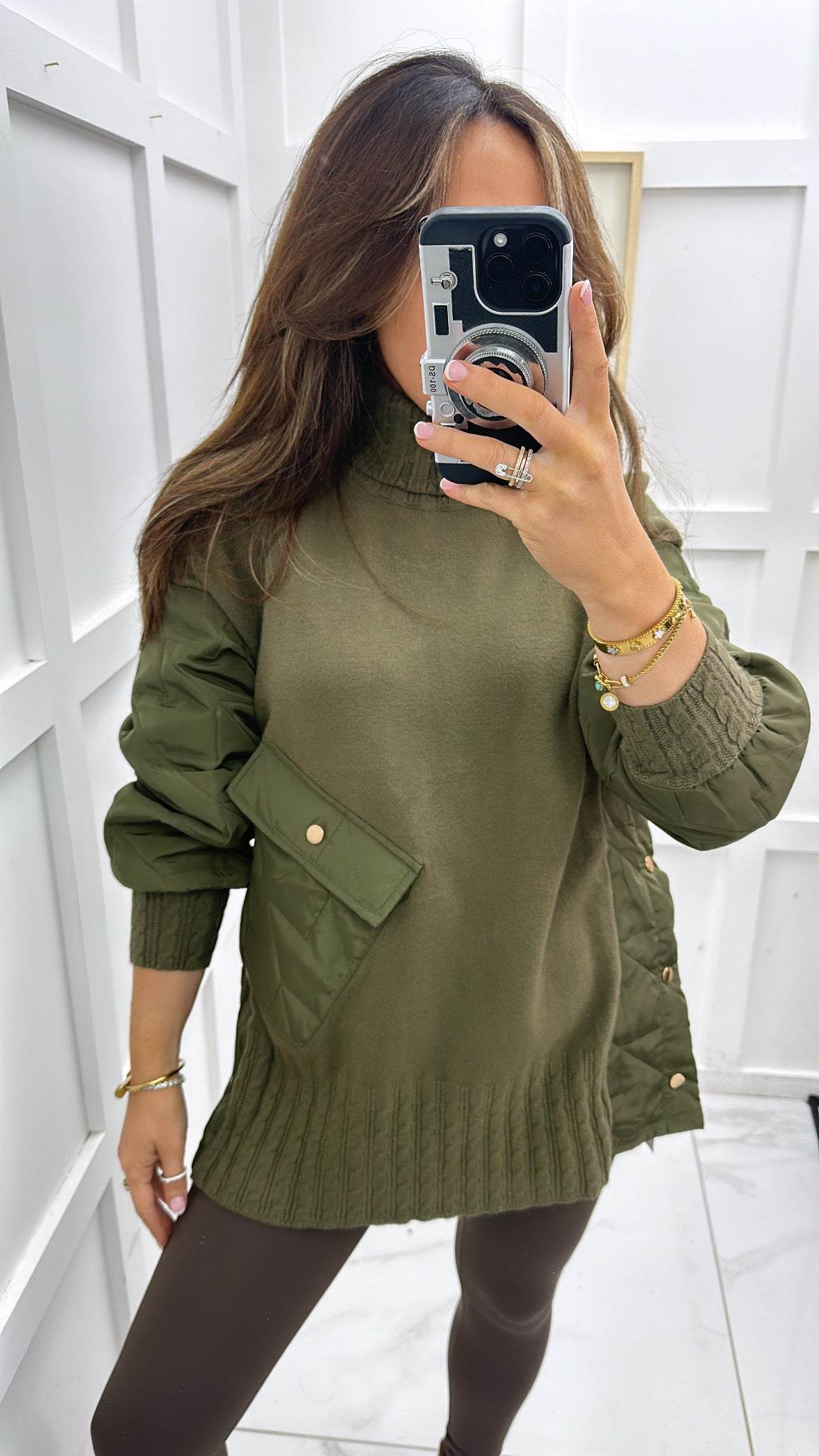 MONROE khaki quilted detail polar neck jumper