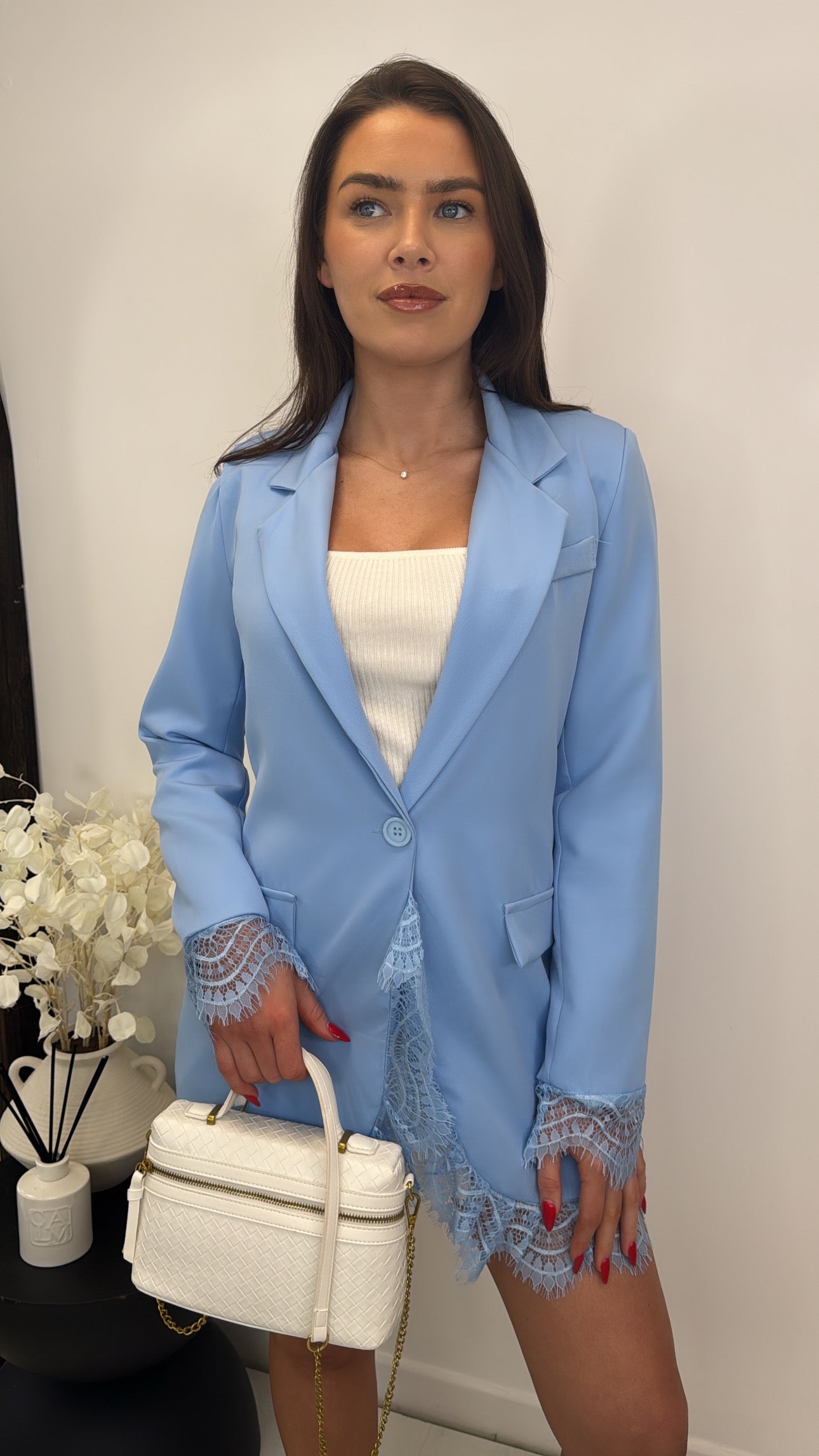 OLIVE baby blue blazer with lace cuff and hem