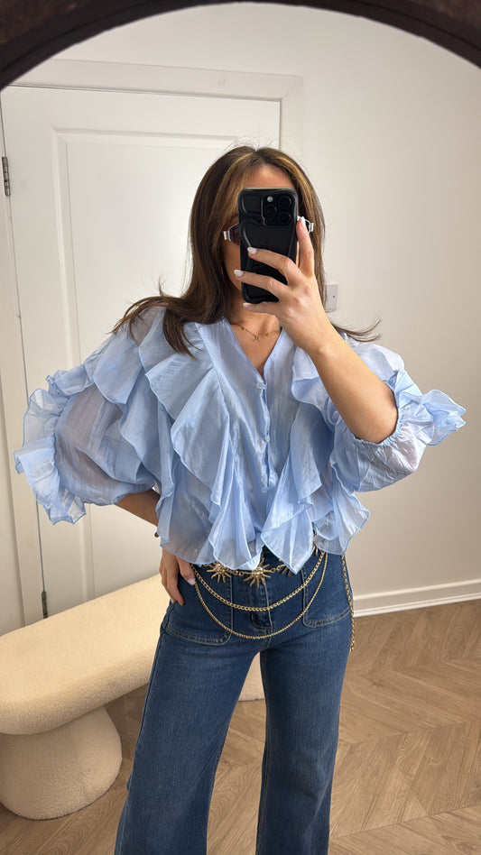WILLOW blue ruffle detail oversized blouse