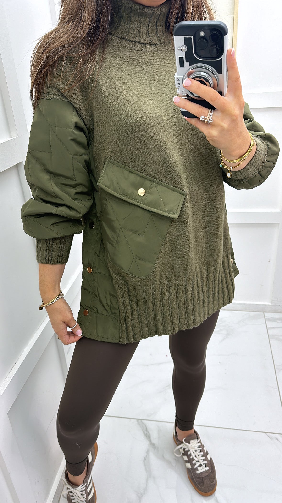 MONROE khaki quilted detail polar neck jumper