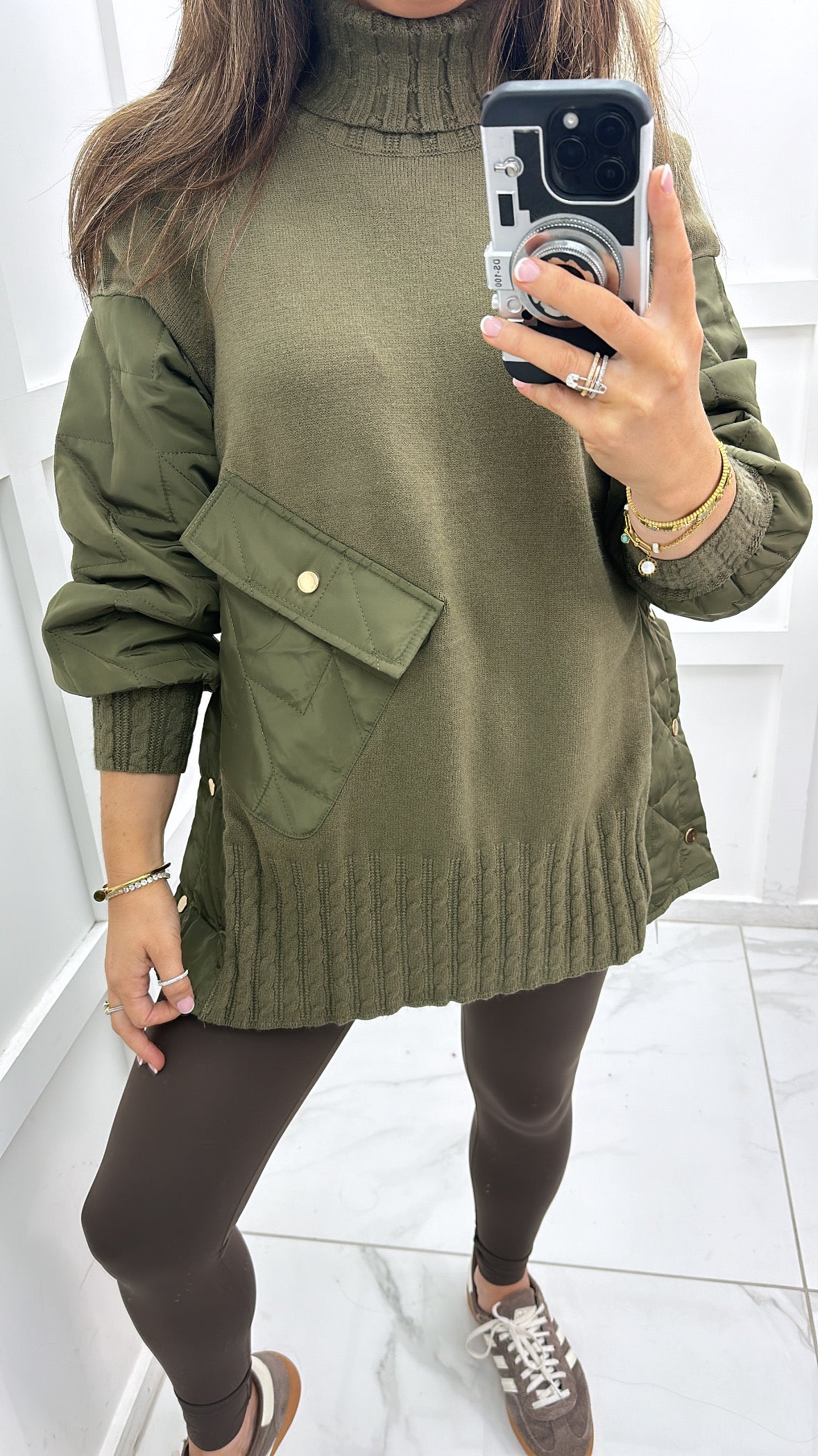 MONROE khaki quilted detail polar neck jumper