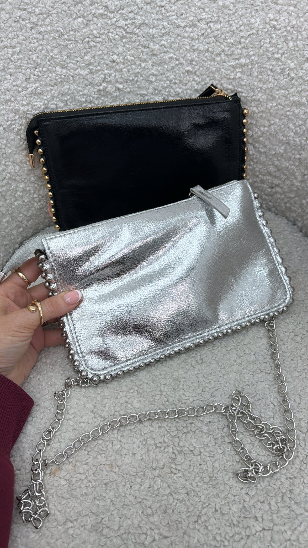 CHARLEY silver metallic stud clutch with chain strap