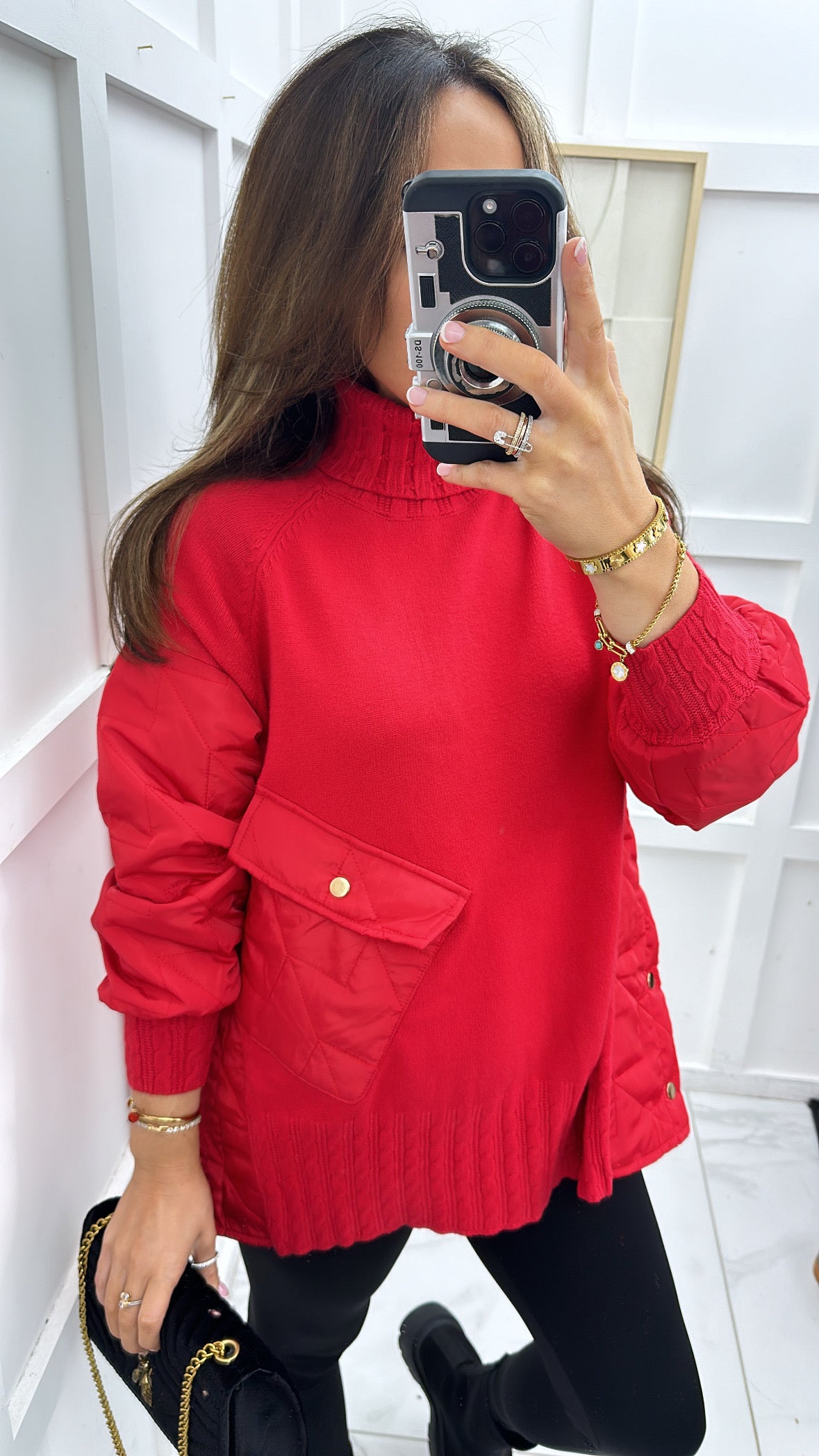 MONROE red quilted detail polar neck jumper