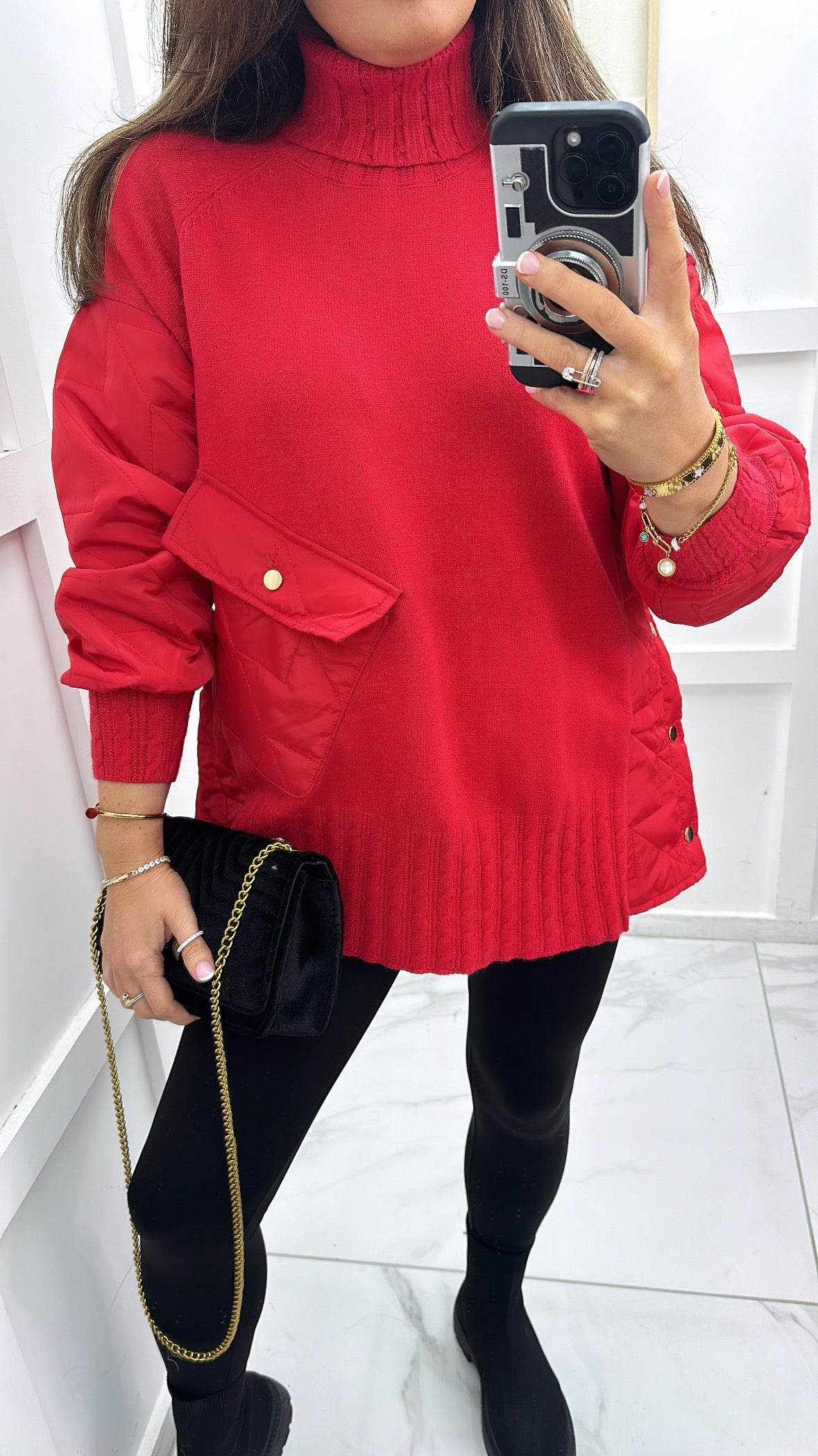 MONROE red quilted detail polar neck jumper