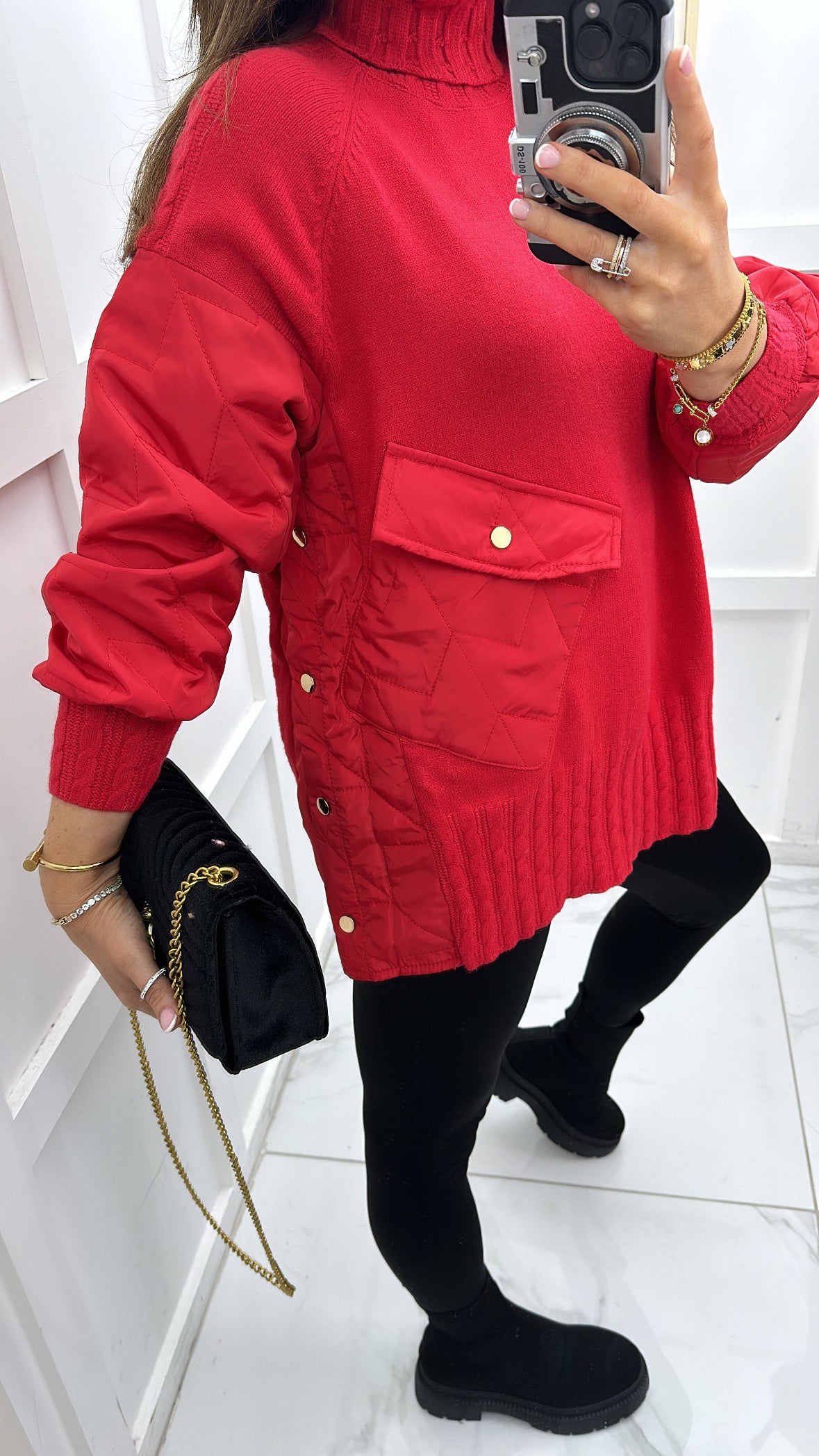 MONROE red quilted detail polar neck jumper