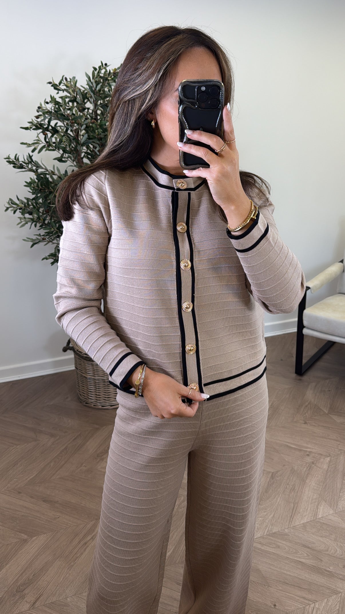 ALANA taupe and black fine knit top and trousers set