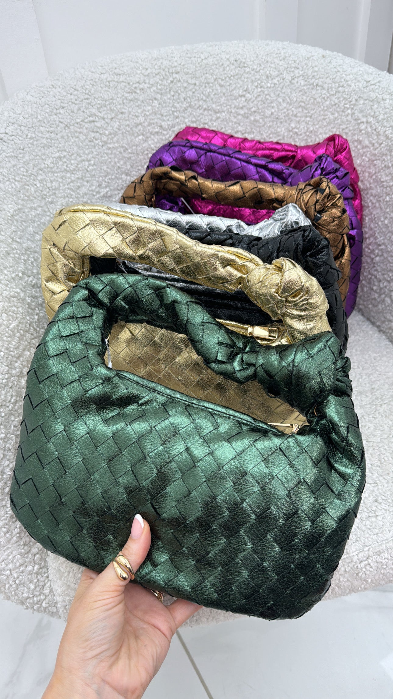 MISHA green metallic woven grab bag