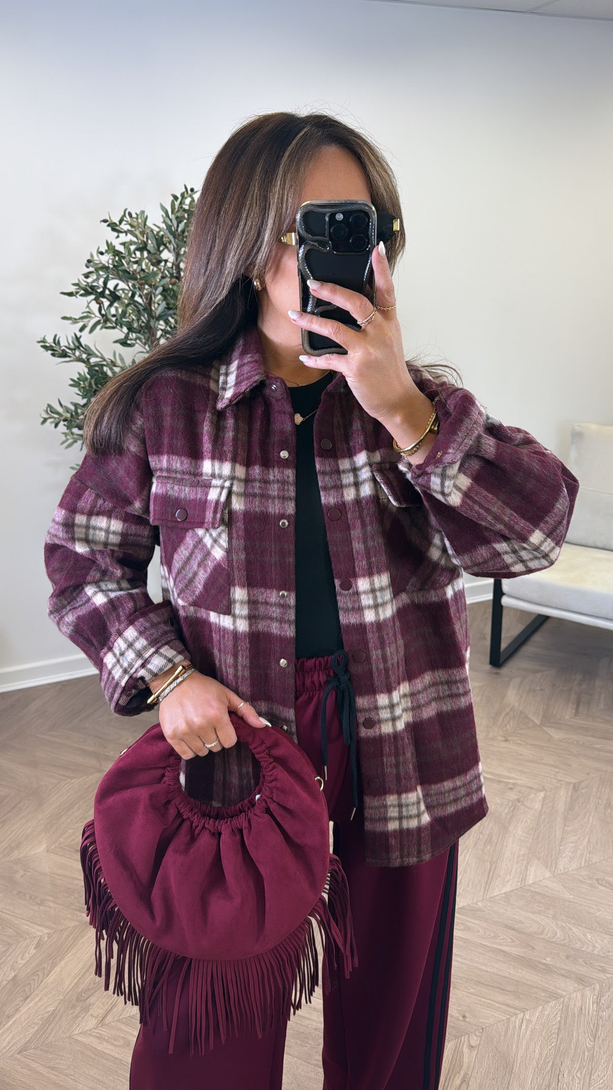 BOBBI burgundy soft check shacket