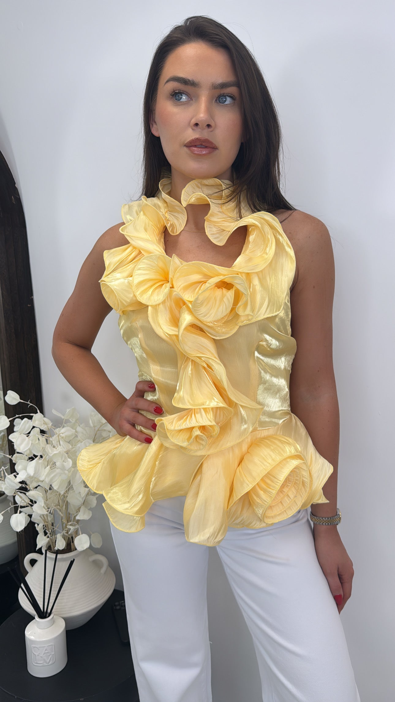 ARIELLA yellow ruffle halter neck top