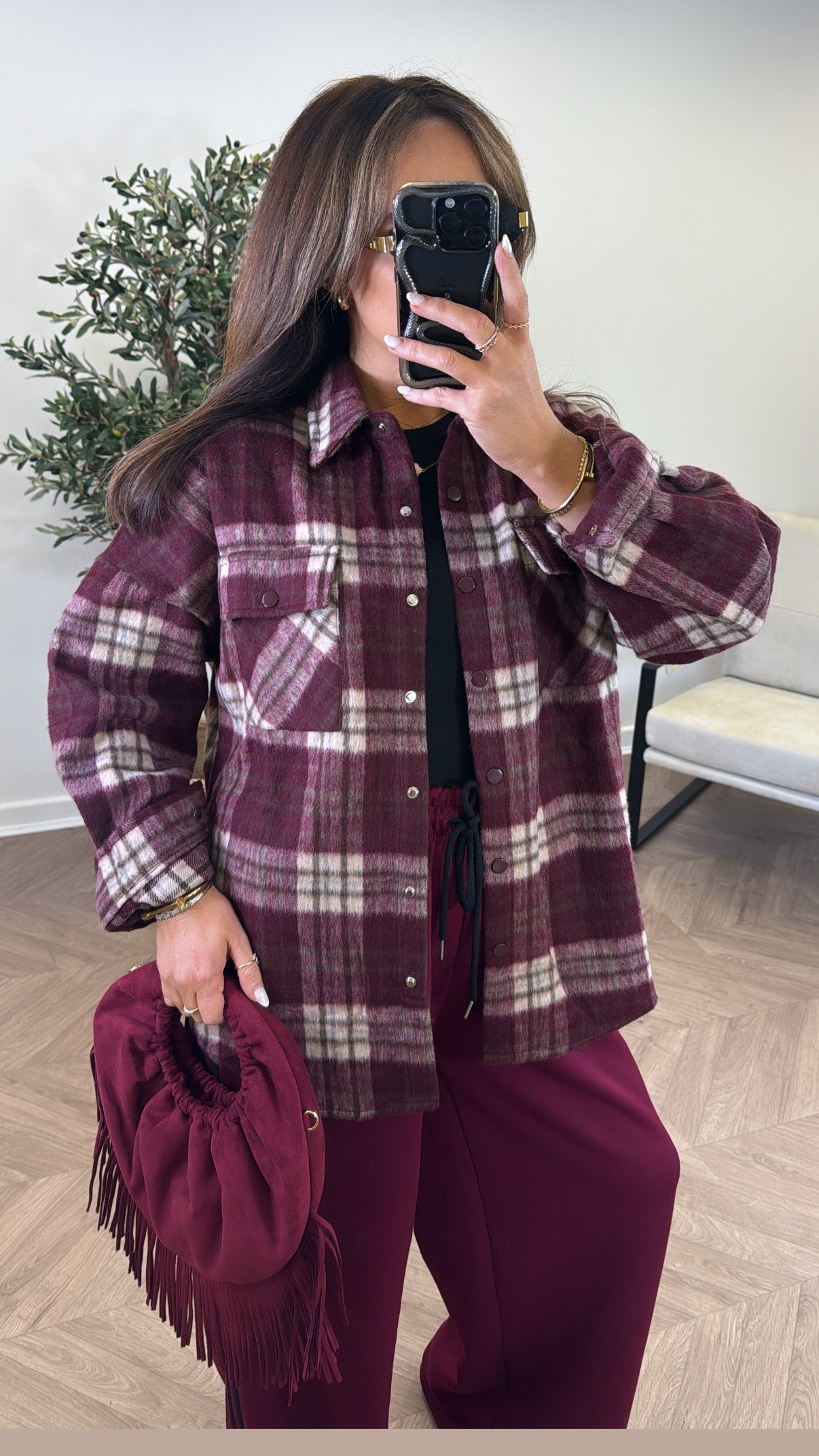 BOBBI burgundy soft check shacket