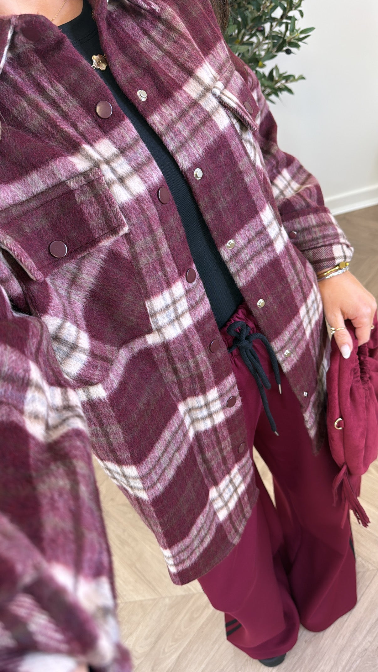 BOBBI burgundy soft check shacket