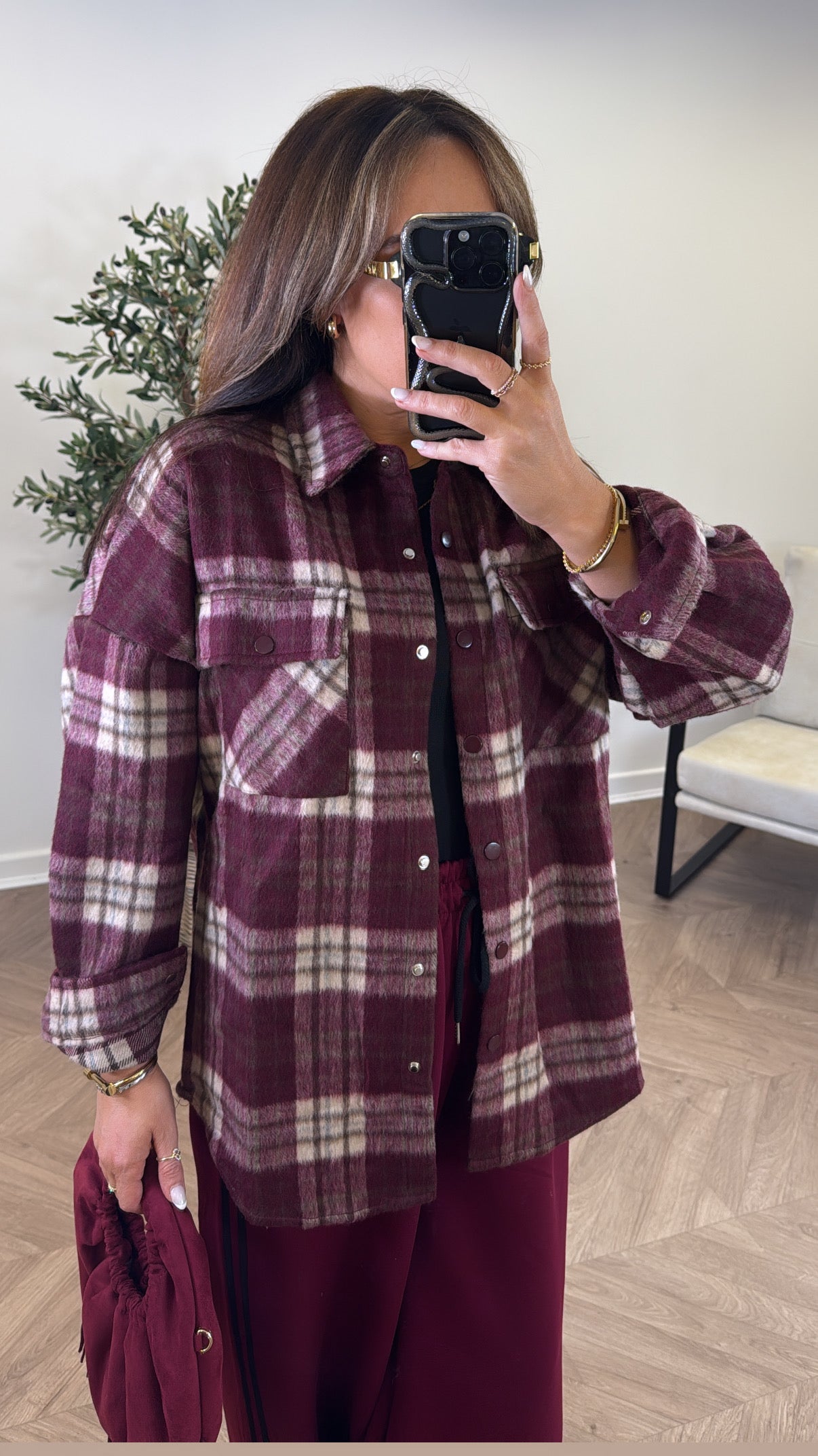 BOBBI burgundy soft check shacket