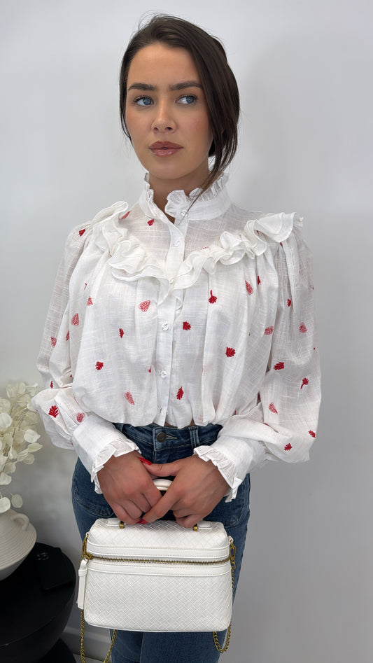 ERICA red and white cropped embroidered shirt
