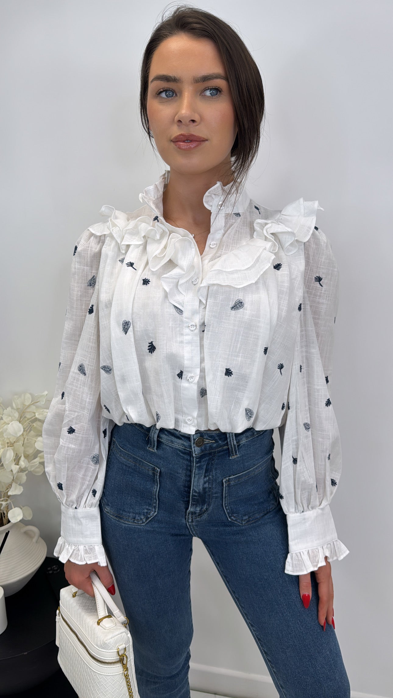 ERICA navy and white cropped embroidered shirt