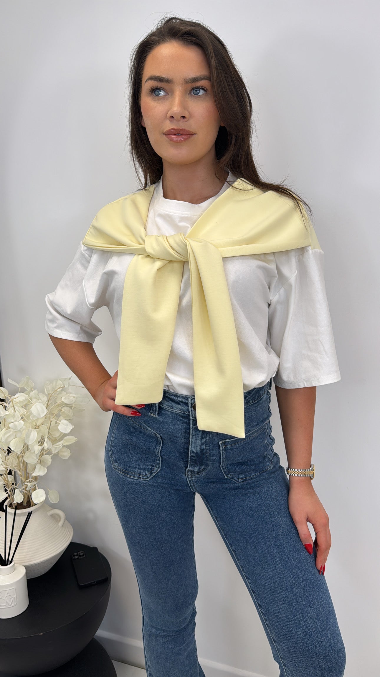 OPAL lemon and white t-shirt with tie detail