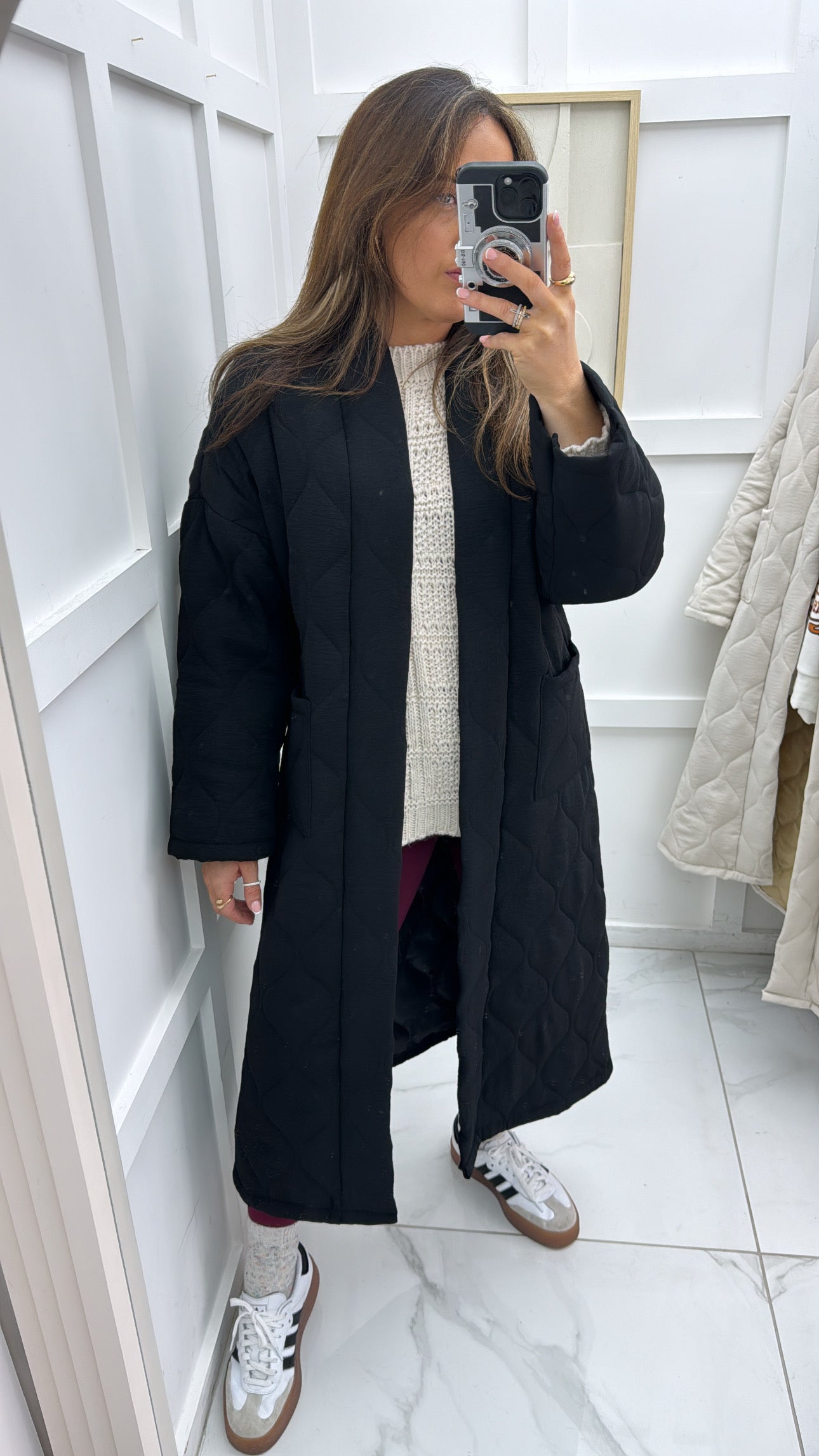 RIONA black long quilted jacket