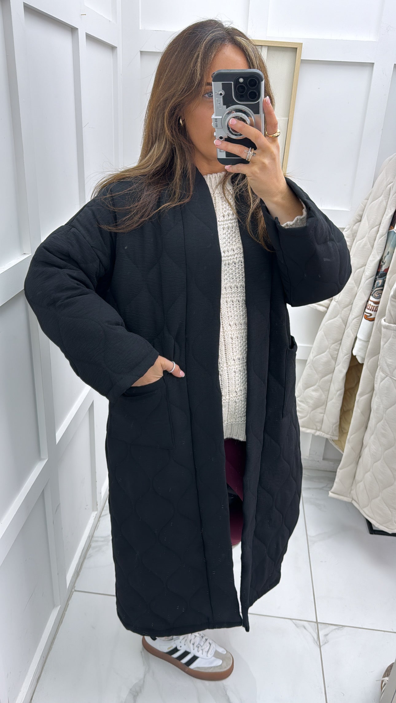 RIONA black long quilted jacket