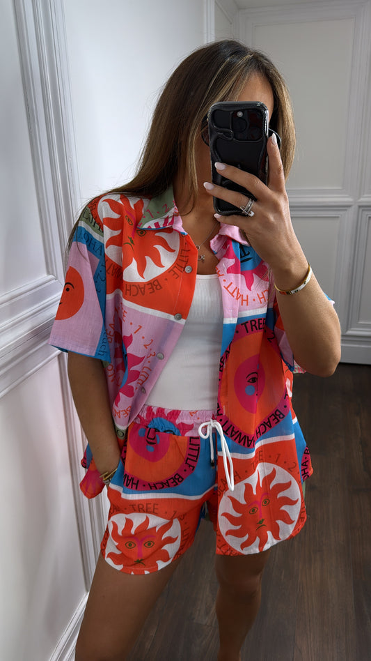 SUN orange printed short and shirt co-ord