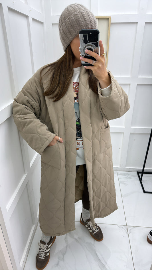 RIONA beige long quilted jacket