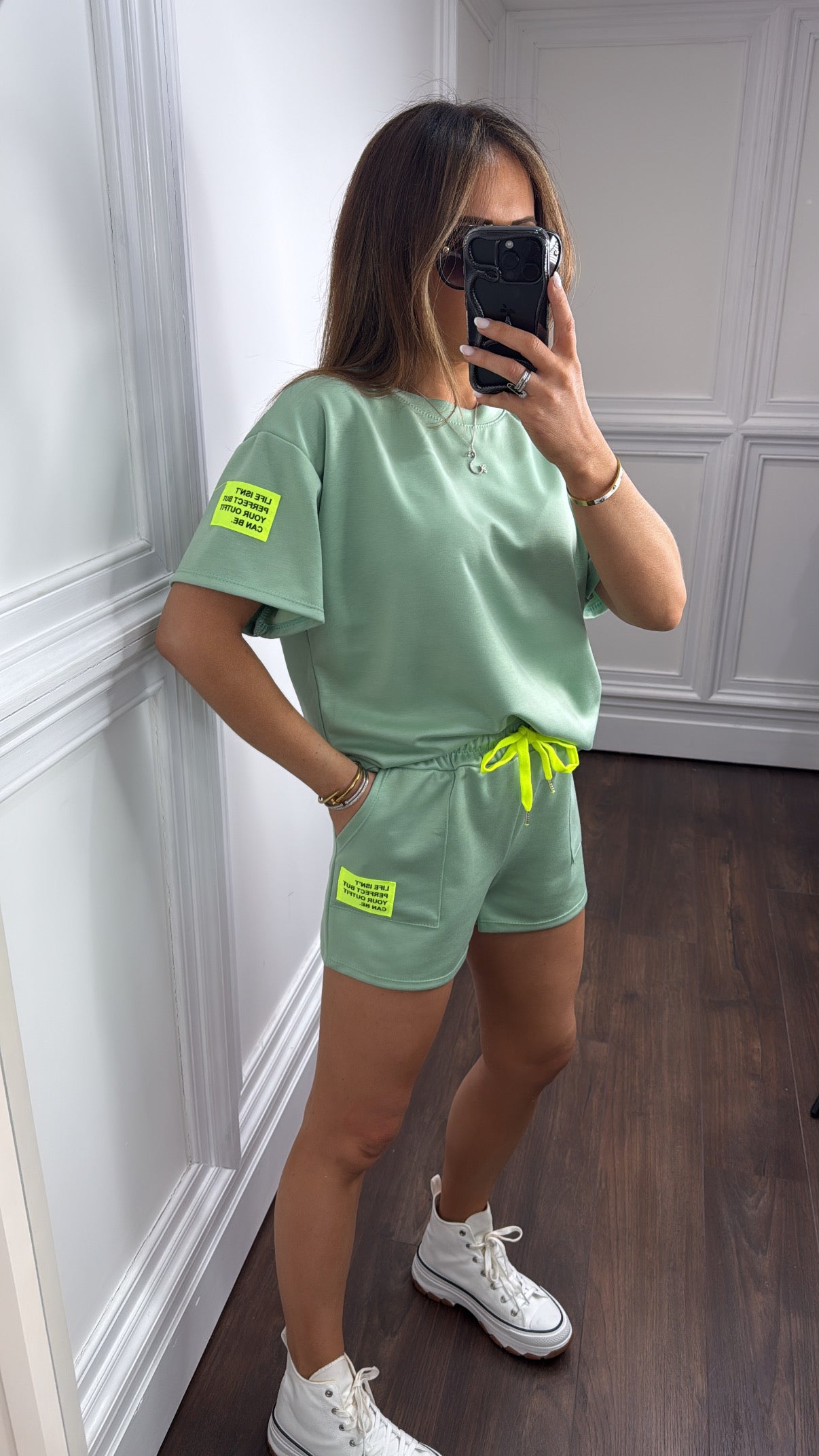 LIFE mint with yellow slogan t-shirt and shorts co-ord