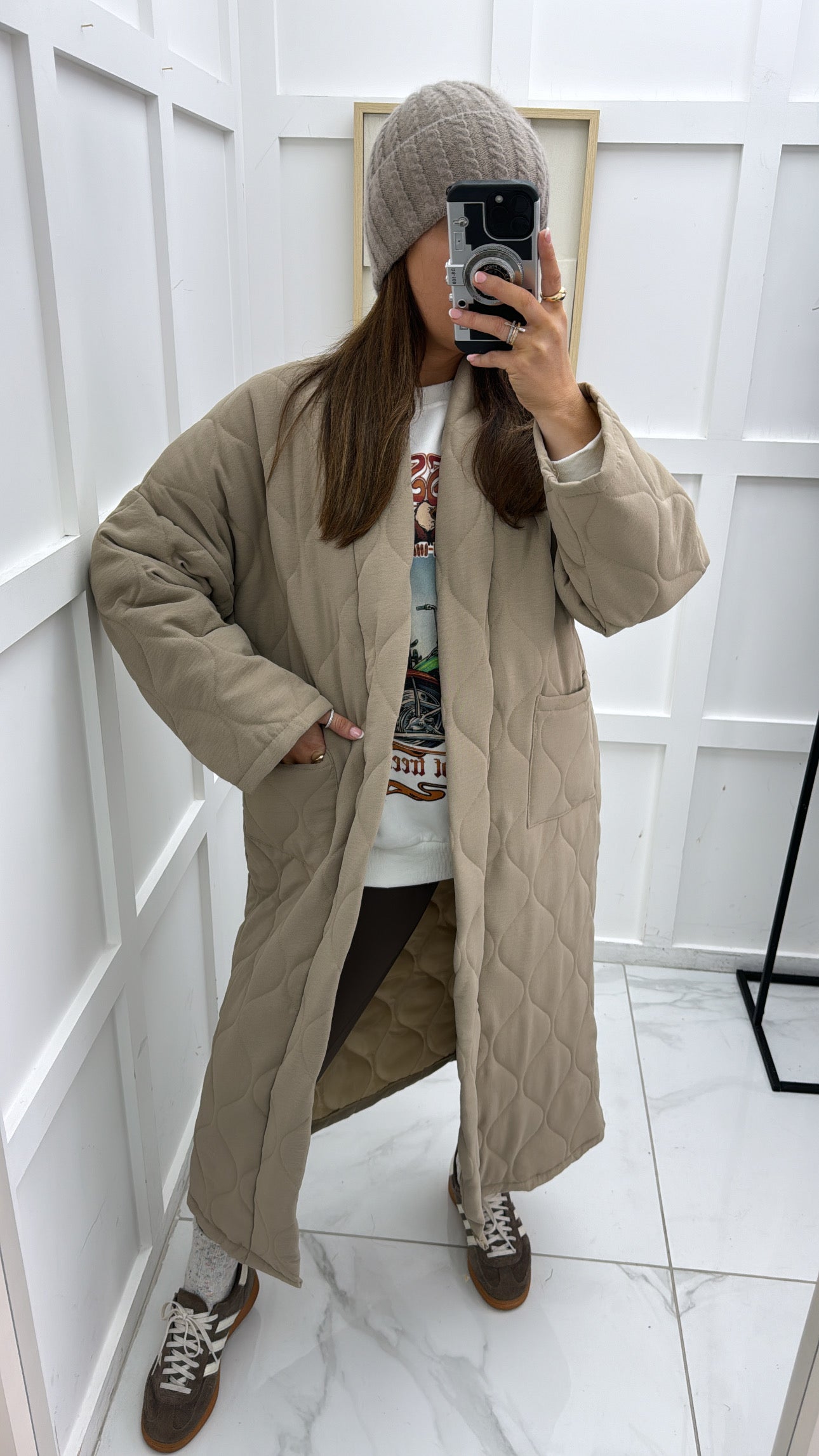 RIONA beige long quilted jacket