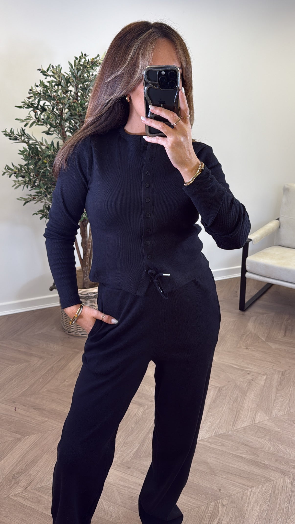 LORNA black ribbed cardigan lounge set