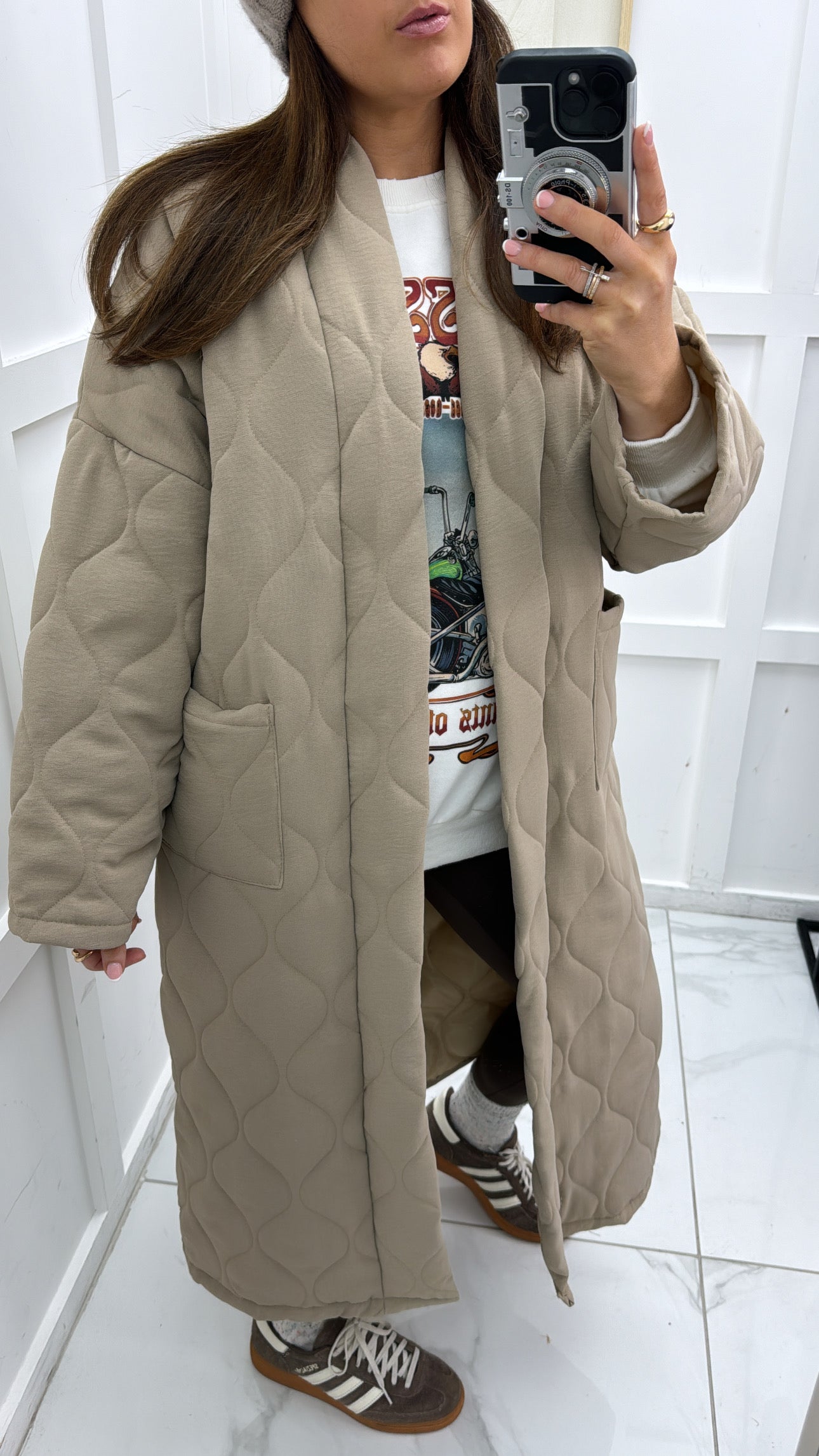 RIONA beige long quilted jacket