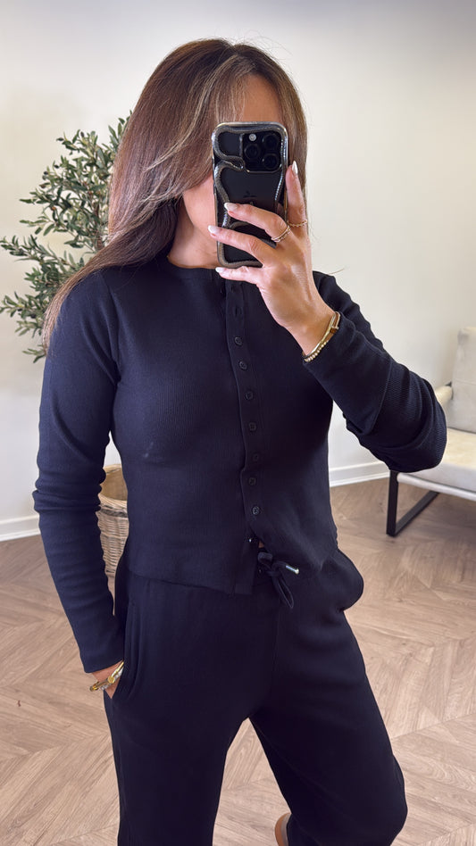 LORNA black ribbed cardigan lounge set