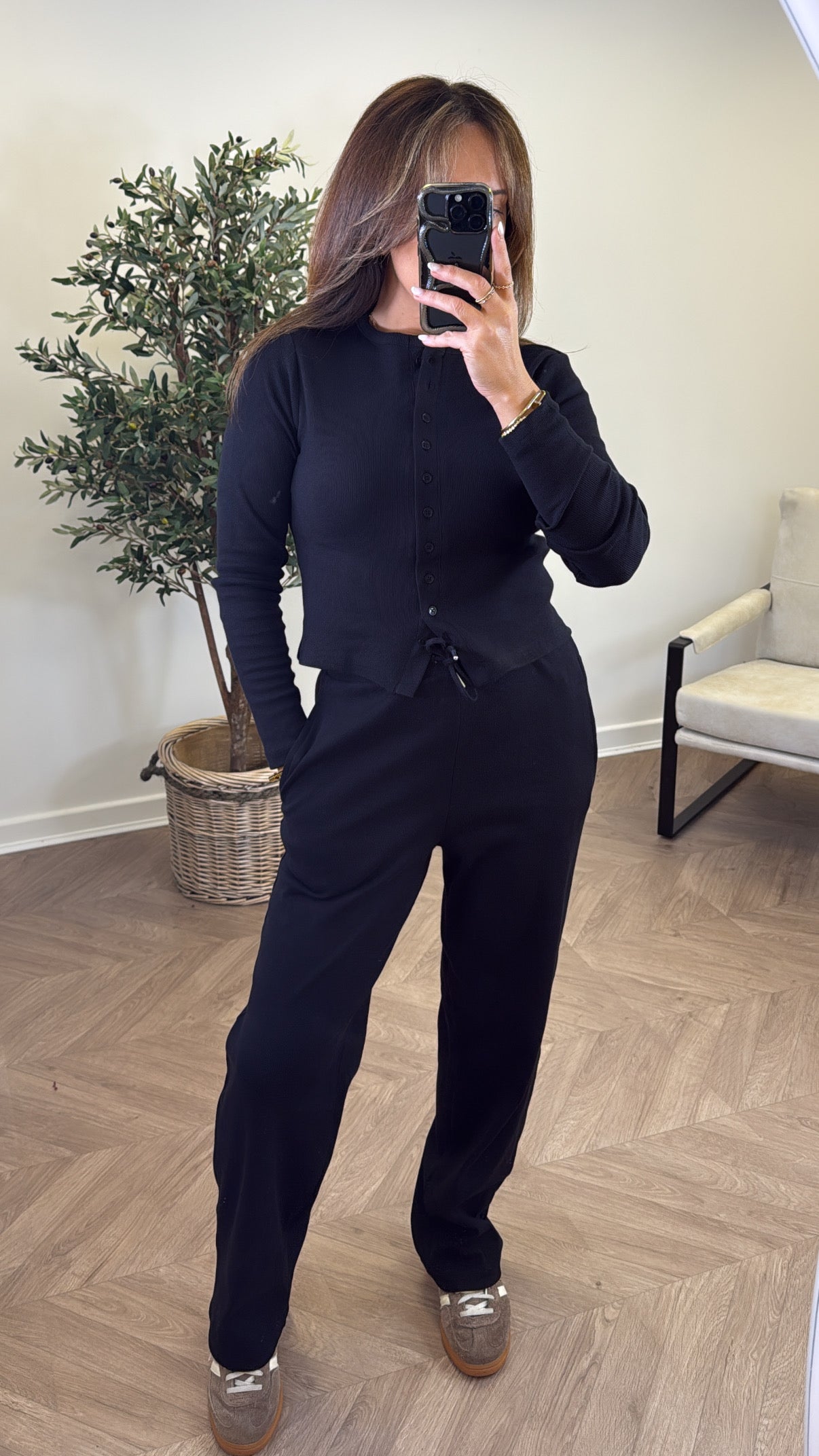 LORNA black ribbed cardigan lounge set