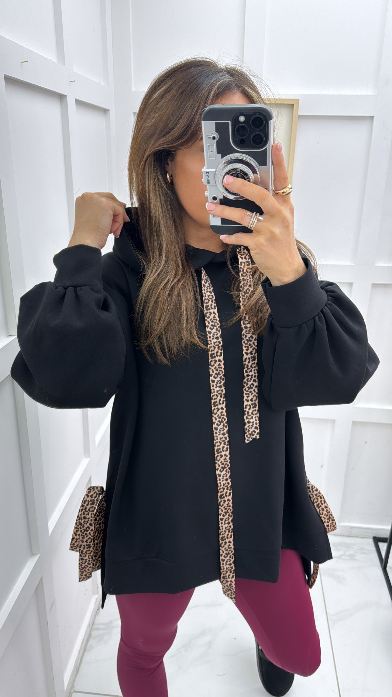 LILAH black soft leopard tie hoody