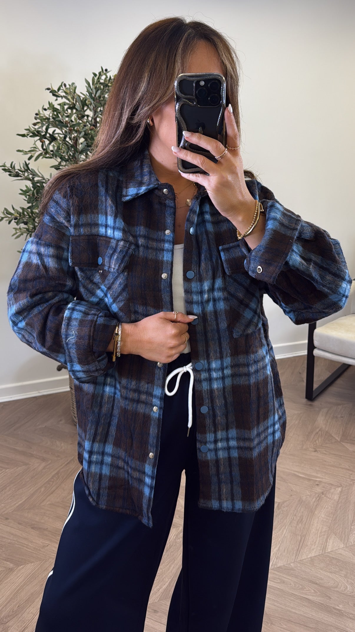 BOBBI blue soft check detail shacket
