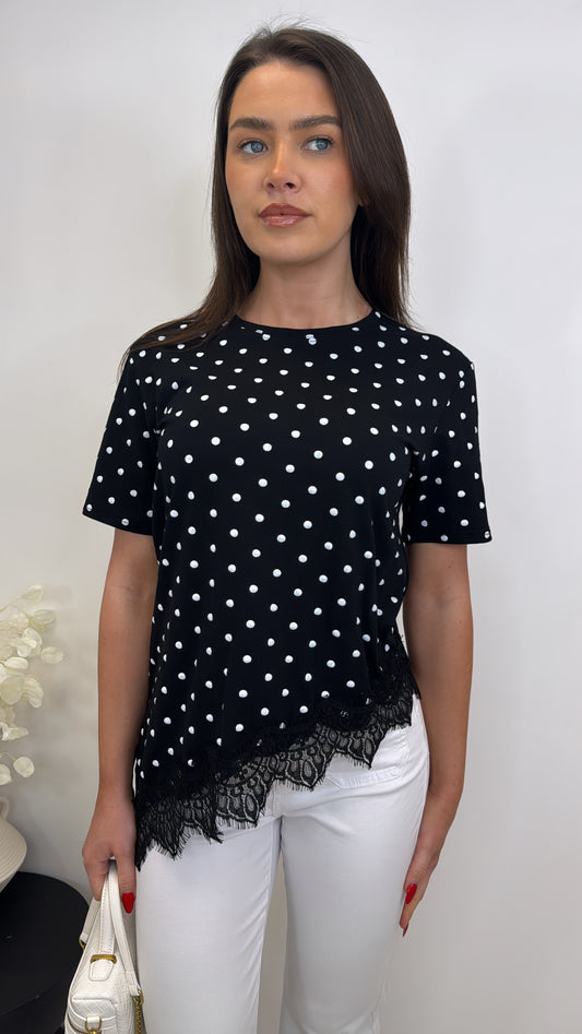 MINNIE black polka dot lace hem t-shirt